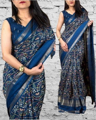 KANDORA Printed Bollywood Brasso Saree(Blue)