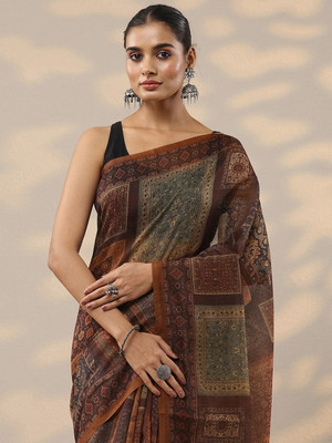 LIBAS Printed Daily Wear Silk Blend Saree(Brown)