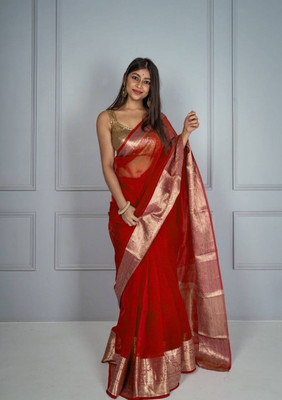 Sperova Solid/Plain, Woven, Floral Print Mysore Organza Saree(Red)