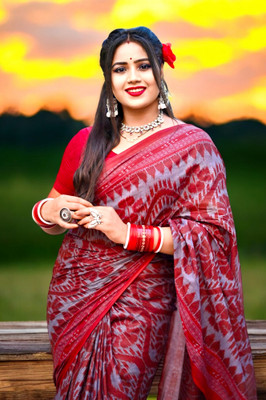 Tareni Printed Sambalpuri Pure Cotton Saree(Red)