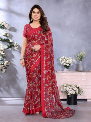 Moda Rapido Embellished, Floral Print Bollywood Georgette, Satin Saree(Red)