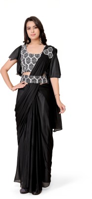 HARIOM FASHION Solid/Plain Bollywood Lycra Blend Saree(Black)