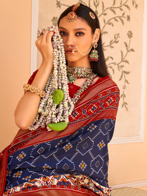 Sareemall Woven Patola Silk Blend Saree(Dark Blue)