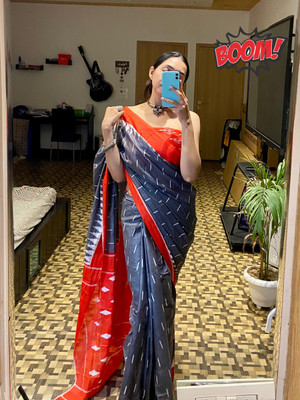 JASU CREATION Printed Ikkat Pure Cotton Saree(Grey)