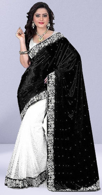 GUNHILD Self Design, Solid/Plain Banarasi Velvet, Brasso Saree(Black, White)