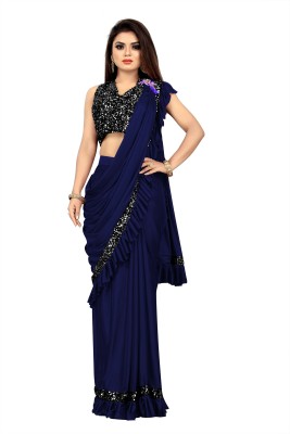 MR HOUSE Solid/Plain Bollywood Lycra Blend Saree(Dark Blue)