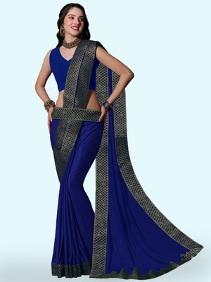 Anugrah Textile Solid/Plain Banarasi Lycra Blend, Chiffon Saree(Blue)