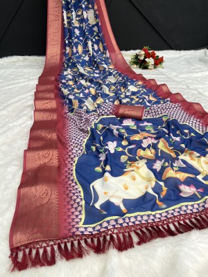 Vrati Creation Animal Print, Printed, Woven Mysore Art Silk, Silk Blend Saree(Blue)