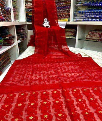 Soma Tant saree Mahal Self Design, Woven, Geometric Print Handloom Cotton Silk Saree(Red)