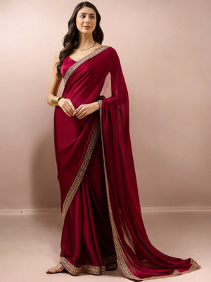 TTH Solid/Plain Bollywood Satin, Pure Silk Saree(Maroon)