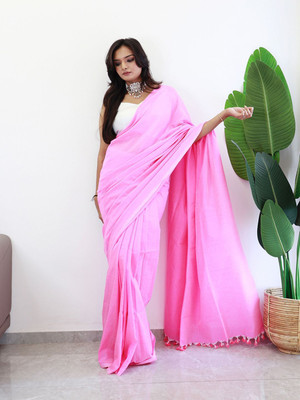 ANOUK Solid/Plain Saree with Attached Blouse Cotton Blend Saree(Pink)
