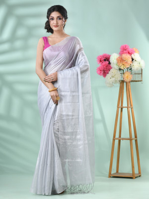 Desh Bidesh Solid/Plain, Woven, Self Design Handloom Handloom Tissue, Cotton Blend Saree(White)