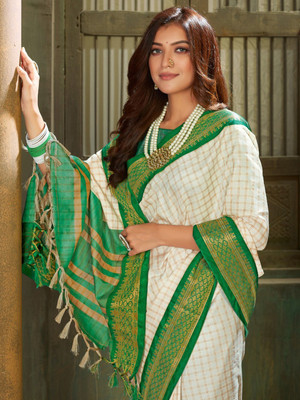 Divastri Checkered Banarasi Cotton Silk Saree(White, Green)