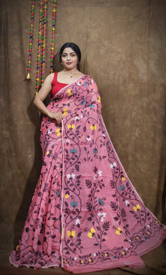 OWALID Floral Print Jamdani Pure Cotton Saree(Multicolor)