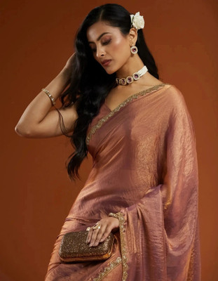 Nxika Embellished Bollywood Tissue Saree(Brown)