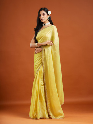 Croza Solid/Plain Bollywood Jimmy choo, Silk Blend Saree(Yellow)