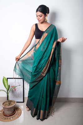 Agamani Solid/Plain Handloom Viscose Rayon Saree(Dark Green)