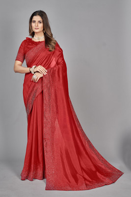 Adirotz Embellished Chanderi Pure Silk Saree(Red)