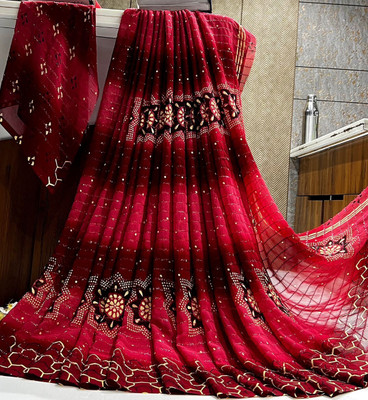 Hensi sarees shop Printed, Striped Bandhani Chiffon, Art Silk Saree(Red)