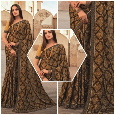 MEETVIN COUTURE Printed, Self Design, Digital Print, Embroidered, Floral Print, Solid/Plain Bollywood Georgette, Chiffon Saree(Brown)