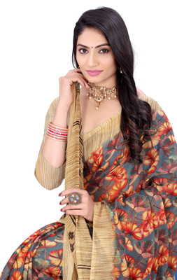 HARIOM FASHION Printed Ikkat Georgette Saree(Cream)