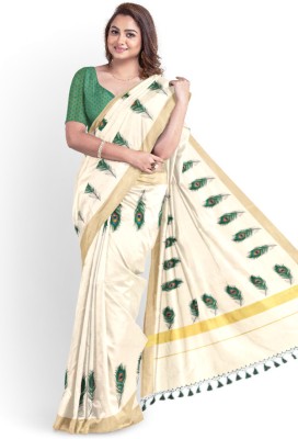 Vairavaa Tex Printed Kasavu Tissue Saree(Beige)