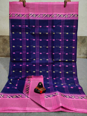 PUJA SHAREE CENTRE Self Design Tant Cotton Blend Saree(Dark Blue)
