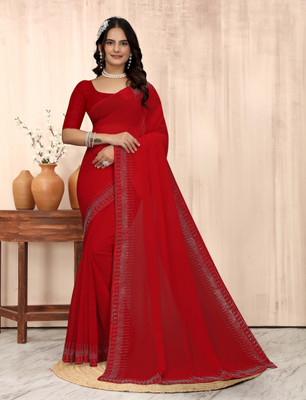 pari creation Solid/Plain, Self Design, Dyed Bollywood Georgette Saree(Red)