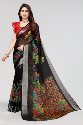 Winza Designer Printed, Floral Print Bollywood Chiffon Saree(Black)