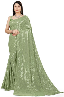 b bella creation Self Design Bollywood Georgette Saree(Green)