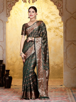 Stylum Geometric Print, Embellished Banarasi Organza Saree(Dark Green)