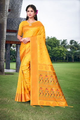 Rinkoo fashion Printed Chanderi Silk Blend Saree(Yellow)