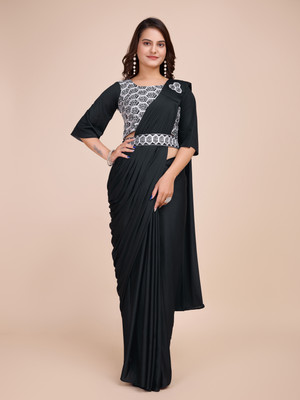 PANETAR Solid/Plain Bollywood Lycra Blend Saree(Black)