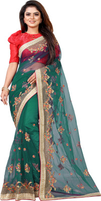 Barkiya Creation Embroidered Bollywood Net Saree(Green)