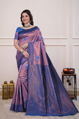 Vartul Enterprise Printed Kanjivaram Jacquard Saree(Multicolor, Blue)