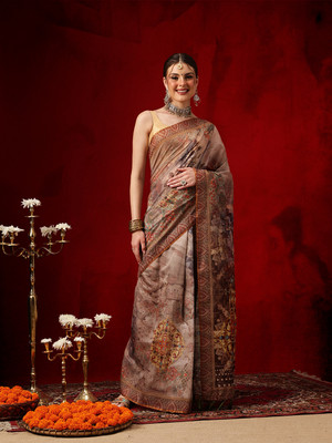 SILK ZONE Printed Chanderi Cotton Blend Saree(Multicolor)