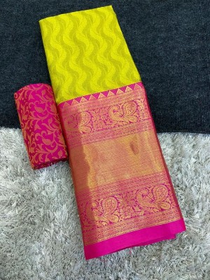 Aika Woven, Temple Border Banarasi Cotton Silk Saree(Yellow, Pink)