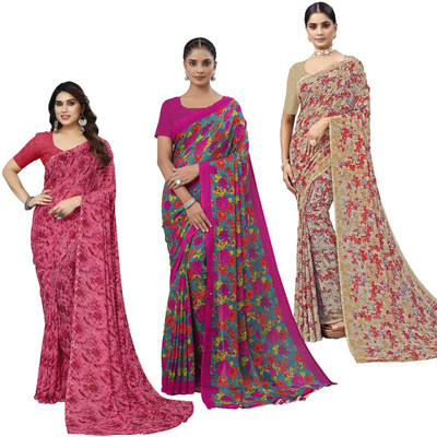 Kanooda Prints Printed Daily Wear Georgette Saree(Pack of 3, Multicolor)