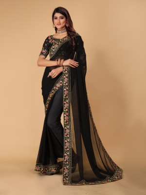 Renchfru Fashion Embroidered Bollywood Georgette Saree(Black)