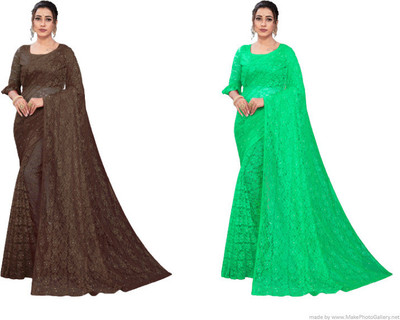 Paanthcreation Self Design Bollywood Net Saree(Pack of 2, Brown, Light Green)