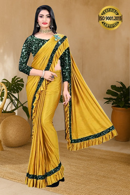 V2B ENTERPRISE Solid/Plain Bollywood Lycra Saree(Yellow)