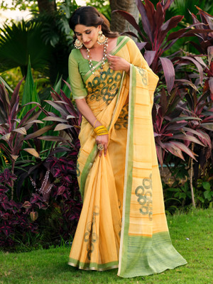 Anouk Rustic Printed Tant Cotton Blend Saree(Yellow)