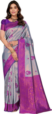 FusionCraftt Woven Kanjivaram Art Silk, Pure Silk Saree(Purple, Multicolor)