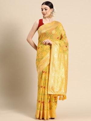 Divastri Woven Jamdani Pure Cotton Saree(Yellow)