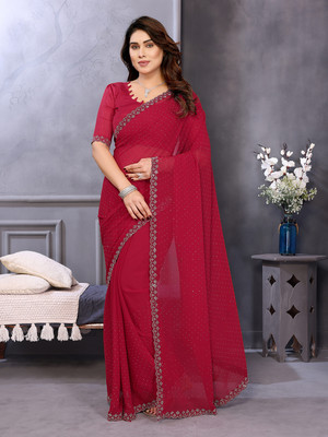 Anand Sarees Embellished, Solid/Plain, Self Design Bollywood Chiffon, Georgette Saree(Red)