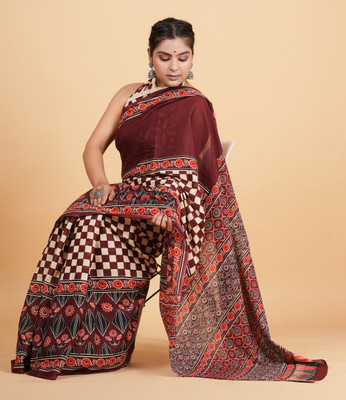 SUNDREESAREE Printed Ikkat Pure Cotton Saree(Brown)