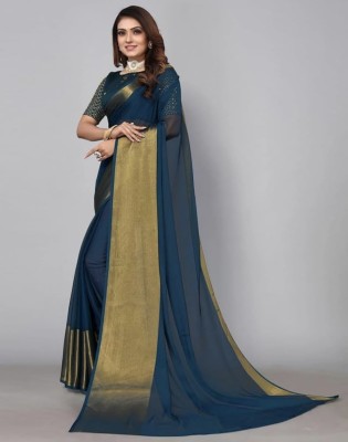 FLORINEST FASHION Solid/Plain Bollywood Chiffon Saree(Dark Blue)