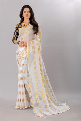 Aardiva Woven Bollywood Chiffon Saree(White)