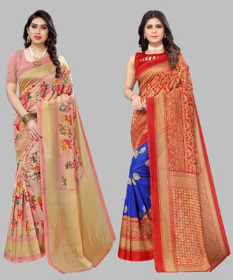 Nirvaan Self Design, Digital Print, Printed Mysore Art Silk Saree(Pack of 2, Orange, Light Blue)