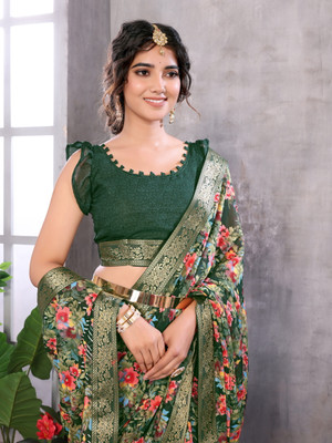 YASHIKA Printed Bandhani Georgette, Lace Saree(Green)